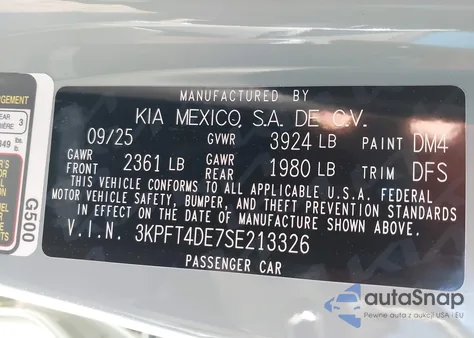 2025 Kia K4 Lxs из США, поврежденный, VIN 3KPFT4DE7SE213326